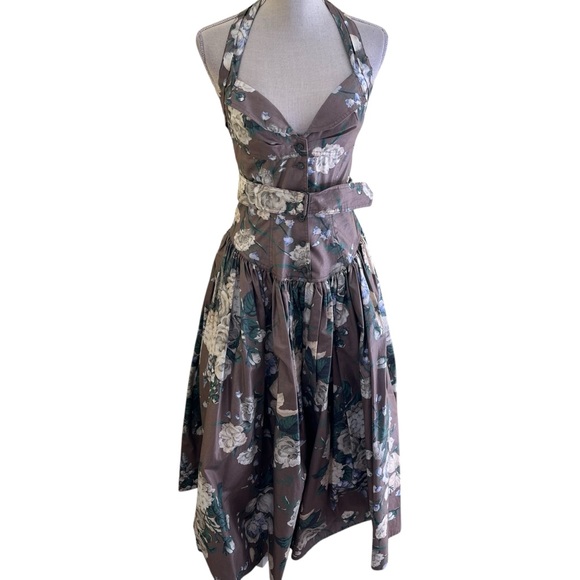 Rhonda Harness Foxy Lady Dresses & Skirts - Rhonda Harness Foxy Lady Vintage Taupe/White Floral Cotton Halter Dress 8